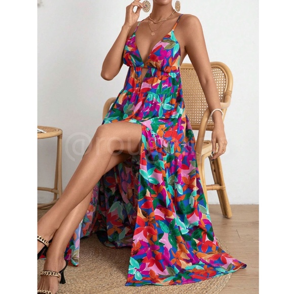Tropical Floral Multicolor Maxi Cami Cut Out Criss Cross Straps Dress Babydoll - Picture 2 of 7